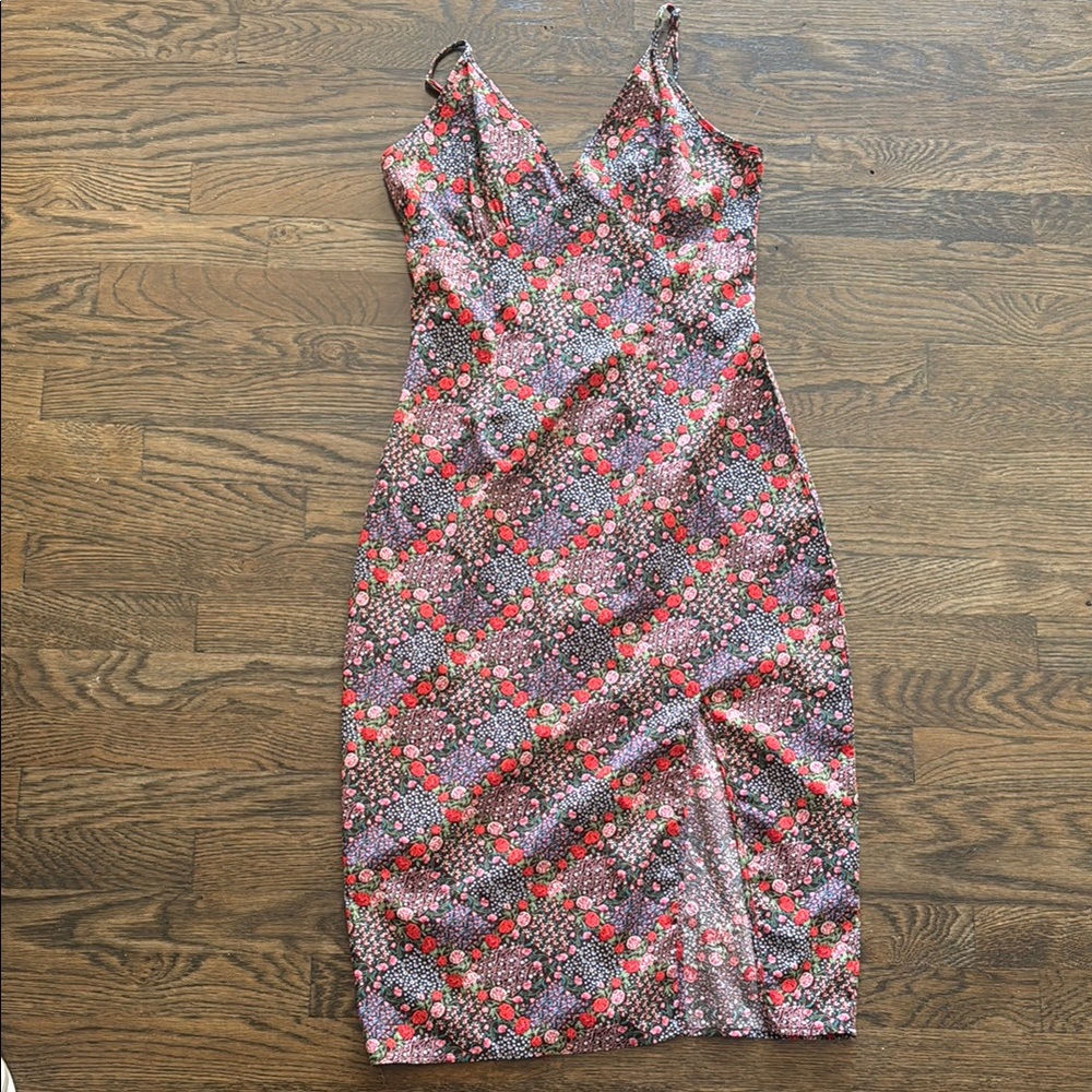 Floral Slip Midi Dress in Red and Pink